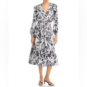 AQUA Smocked Floral Midi Dress Blue Multi Linen Blend V-neck